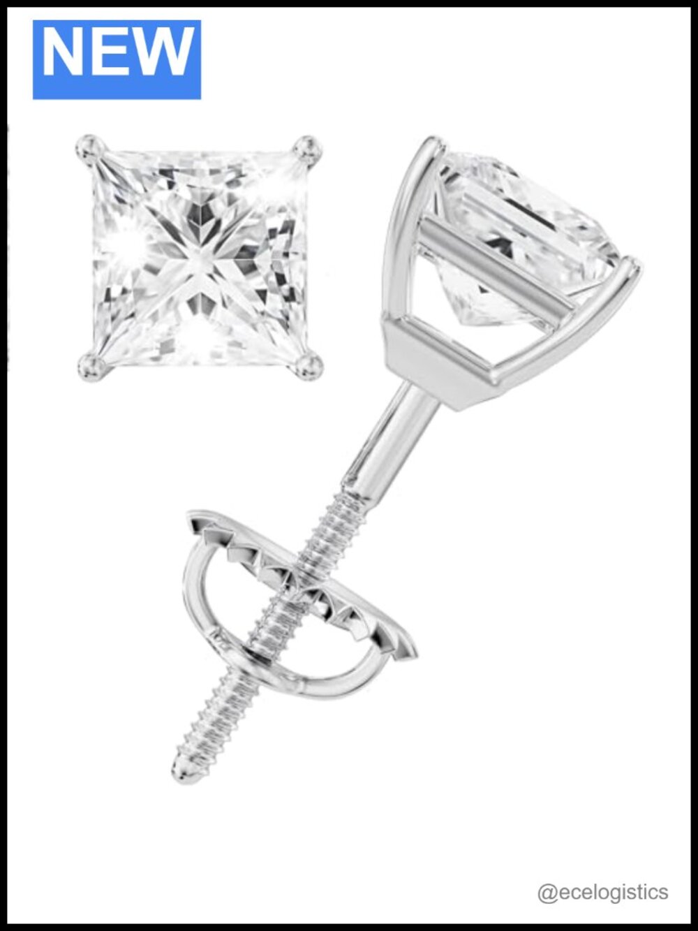 Moissanite Stud Earrings 14K White Gold Plated 925 Sterling Silver Screw Back